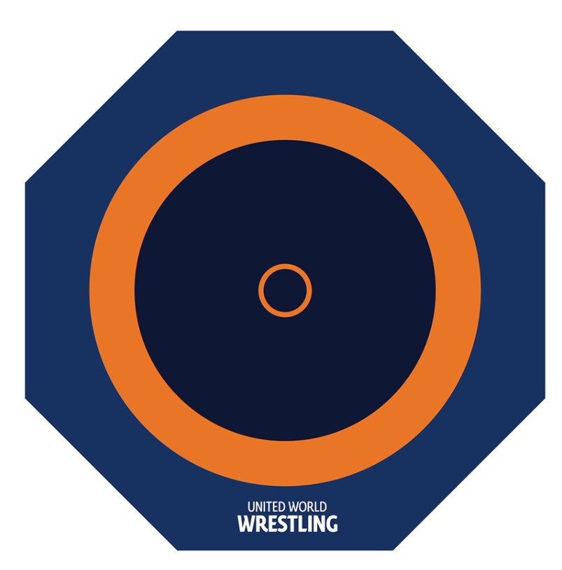 Мат TaiShan, октагон 12×12 м×6 см, с разметкой для борьбы, сине-желтый